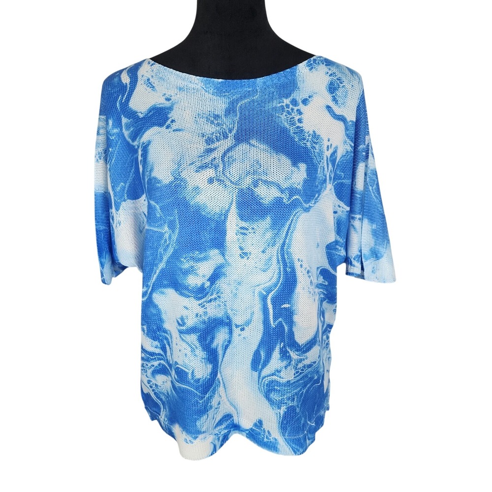 LUISA RICCI Size Medium Blue Marble Print Lightweight Dolman Slv Bateau Knit Top